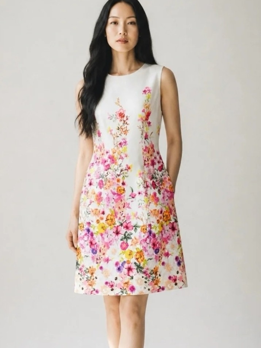 White A-Line Mini Dress with Pink & Yellow Floral Print